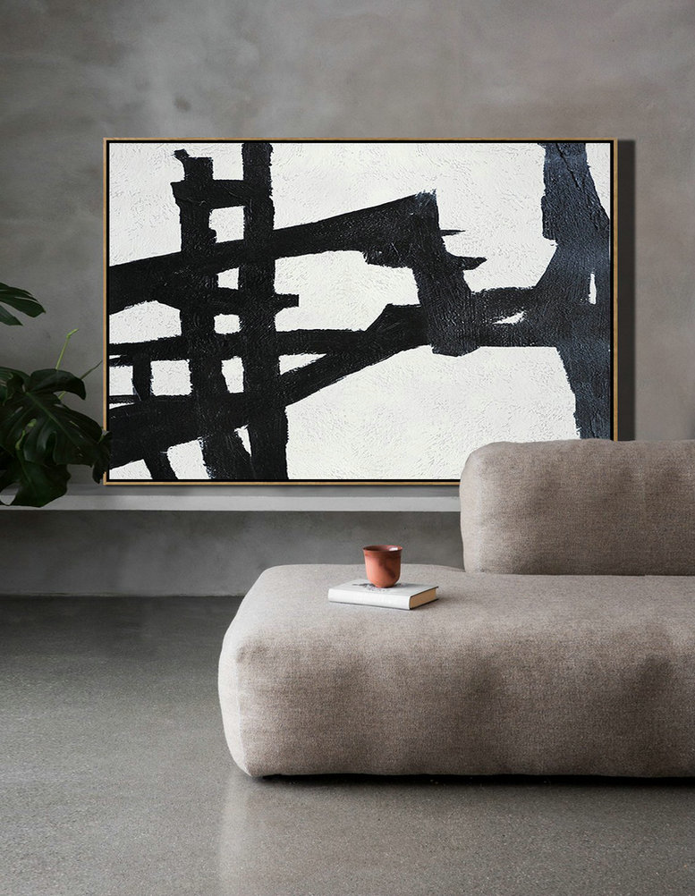 Modern Art Abstract Painting,Hand Painted Oversized Horizontal Minimal Art On Canvas, Black And White Minimalist Painting - Huge Abstract Canvas Art